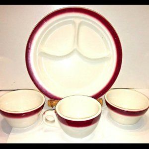 Buffalo China Plate Cup Bowls Red Stripe Air Brush Restaurant Ware Vintage 1970